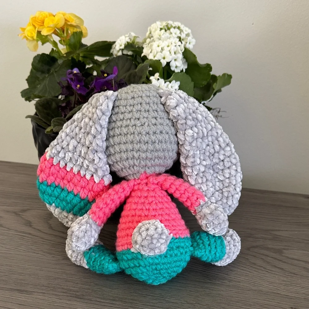 Gray Plush Bunny Toy with Pink & Teal Outfit for Small Pets